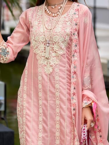 Image of INDO ERA Womens Organza Embroidered Straight Kurta Pant Dupatta Set (IEOUT10618)