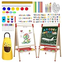 Juivin Double Sided Chalk & White Board Magnetic Art Easel for Kids, Adjustable Height Wooden Easel with Alphabet Numbers, Paper Roll, Educational Toys for Toddlers