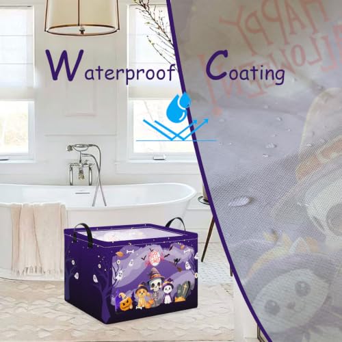 Image of Purple Spooky Night Halloween Basket with Kitten Puppy Ghost Prints,Trick or Treat Storage basket for Gifts and Party Stuffers(Kitten Puppy Skeleton)