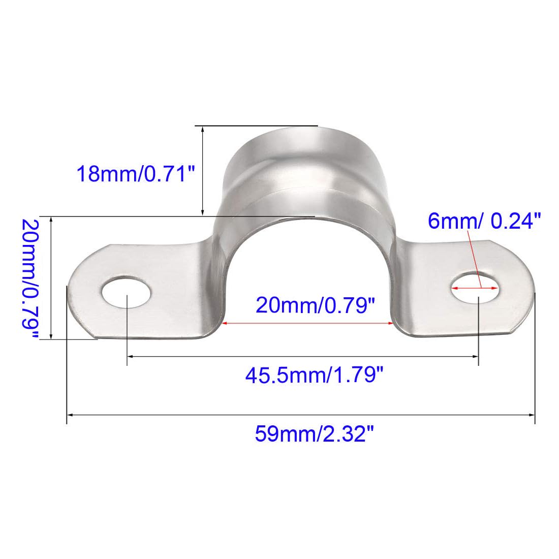 Unifizz 20mm(0.8") Rigid Pipe Strap 2 Holes U Bracket Cable Clamp, 304 Stainless Steel Tension Tube Clip Conduit Clamp Hanger 20pcs - Image 2