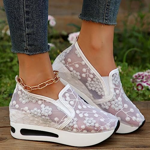 Womenyiaor Women's Fashion Sneakers Dressy Floral Embroidery Sheer Mesh Lace Sneakers Platform Wedge Sneakers for Women Slip on Walking Shoes Loafers Lace up Sneakers Casual Shoes3