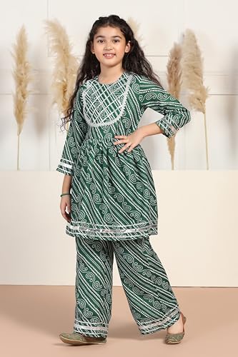 Image of Fashion Dream Girl's Cotton Blend Printed Peplum Kurta and Pant Set|Kurti And Pant Set|Ethnic Set|Printed kurta Set(FDGSET00171 GRN 24 Green 5-6Yrs)