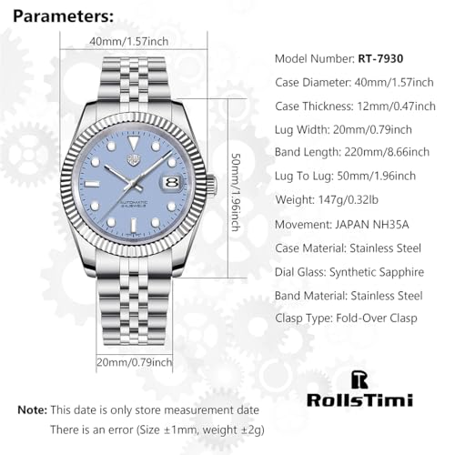 Image of RollsTimi Automatic Men's Watch, NH35A Movement, 40mm Stainless Steel Case Waterproof Wrist Watch for Men Luminous Hands & Day Display, Stylish for Business, Casual & Sports