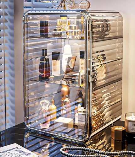 TRASSLE Makeup Storage Organizer Large Capactiy Perfume Skincare Organizer with Divider 3 Layer Dustproof Cosmetic Display Cases with Magnetic Door for Vanity Skincare Bathroom Countertop (Grey)