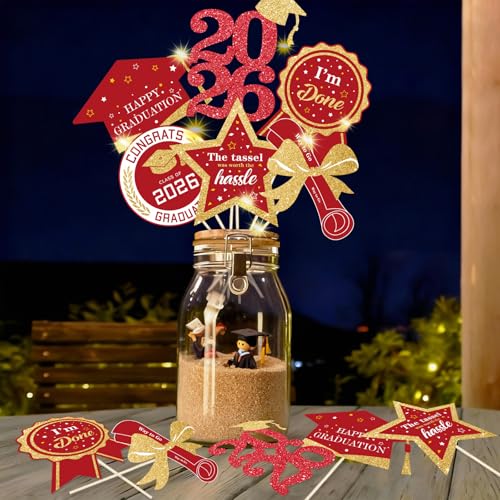 Image of Graduation Decorations for Class of 2026-60pcs Glitter Red Gold Graduation Table Centerpieces Sticks with LED String Lights for College High School 2026 Graduation Party Favors Supplies