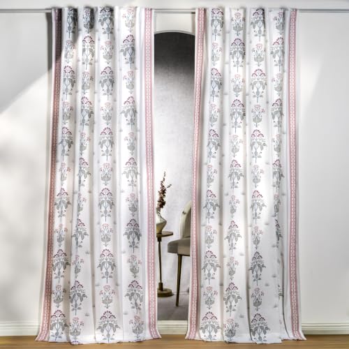 Image of Tranquebar Curtain Co. Window Curtains 5 Feet, 60-65% Room Darkening, Pink Floral Print, Cotton Curtains for Window, Cotton Curtains 5 Feet Long Set of 2, BackTabs, Latha (152 cm) - Set of 2