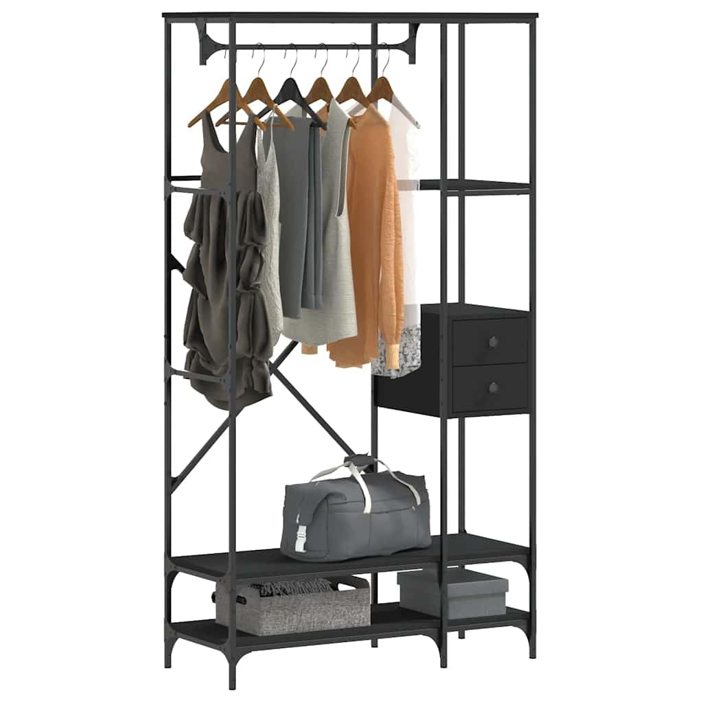 Kleiderständer mit Ablagen aus Holzwerkstoff und Metall Schwarz 97x40x180 cm freistehend mit Rollen, höhenverstellbar, platzsparend für Schlafzimmer