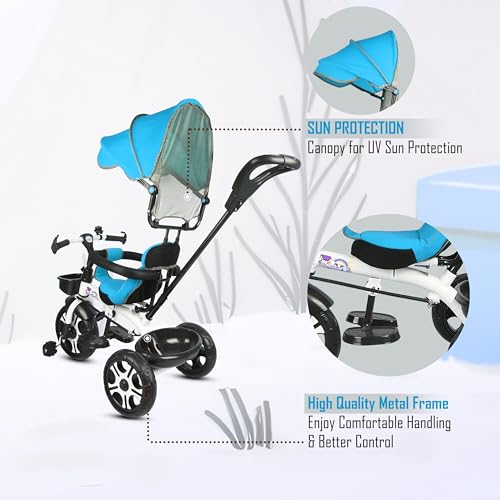 Image of BABY SMILE 4-in-1 Kids Tricycle with Adjustable Canopy, Parent Push Handle, Red and White (Blue)