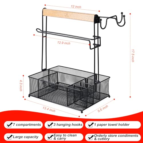 Grill-Caddy-Picnic-BBQ-Organizer-for-Camping-Outdoor-Mesh-Basket-with-3-Hanging-Hooks-and-Paper-Towel-Holder-Ideal-Table-Storage-Tools-for-RV-CamperTailgatingFlatware