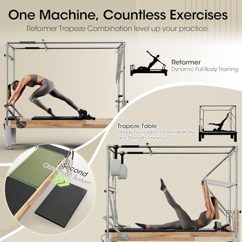 Image of Pilates Reformer, PAETA 92 inch Wooden Foldable Pilates Reformer Machine with Springs, Pilates Machines for Home Use and Studio, Pilates Equipment with Sitting Box, Jump Board and Accessories