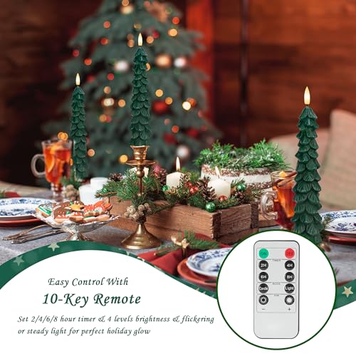 Image of Christmas Tree Candles with Remote, 4 Pack Green Flameless Taper Candles Battery Operated, Real Wax 9.6 Inch Flickering Led Christmas Tree Candlesticks Decorations for Winter Home Holiday Xmas Gift