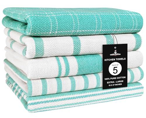 Trade Fountain Tea Towels - 46 X 71 cm Tea Towel Pack of 5 - Durable & Super Absorbent Dish Cloths - Stylish Design Dish Cloth & Towels - 100% Cotton Kitchen Towel (Aqua)