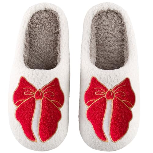 Bow Slippers For Women Men Blue Bow Tie House Slippers For Women Indoor Outdoor Ladies Comfy Bedroom Shoes Soft Warm Non slip Home Slippers Red Bow 41-42