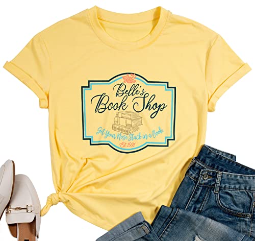 FLOYU Women Belle's Book Shop Shirt Princess Belle T-Shirt Book Lover Tops Casual Magic Kingdom Short Sleeve Shirt