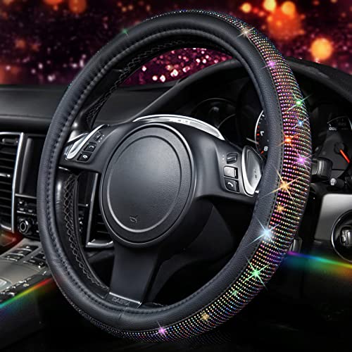 Image of CAR PASS Diamond Leather Steering Wheel Cover, with Bling Crystal Rhinestones Fit Suvs,Vans,Sedans,Cars,Trucks Universal Fit 14.5-15inch Crystal Glitter for Women Sparkle Girl, Multicolor Diamond