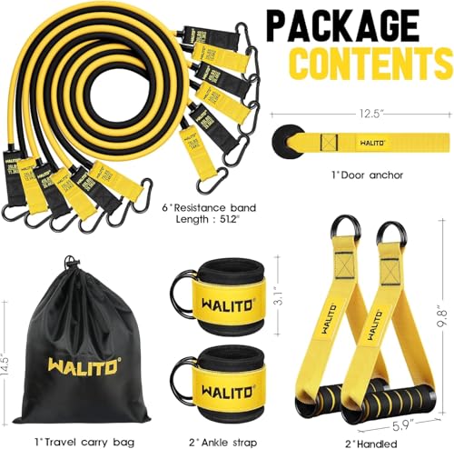 WALITO Resistance Bands Set - Exercise Bands with Handles, Door Anchor, Legs Ankle Straps, for Heavy Resistance Training, Physical Therapy, Muscle Training, Yoga, Home Workouts, Gym (Yellow 300Lbs)