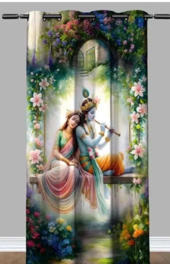 Image of Digital Printed Curtain with Pink Rose and Butterfly Design, 7 Feet, Grommet Top, White (2, Krishna Bansuri, 7 Feet)