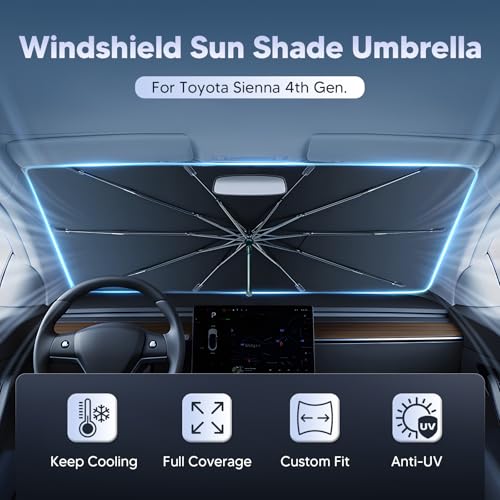 Image of Autorder Windshield Sun Shade Umbrella for 2021-2026 Toyota Sienna Accessories,Upgraded Ice Crystal Material,Easy Setup Umbrella Sunshade for Car Windshield,100% Sun Blocking