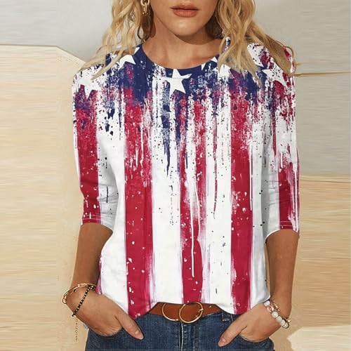 Image of Fourth of July Shirts for Women 3 /4 Sleeve Summer Tops American Flag Print T Shirt Patriotic 4th of July Shirts 2025