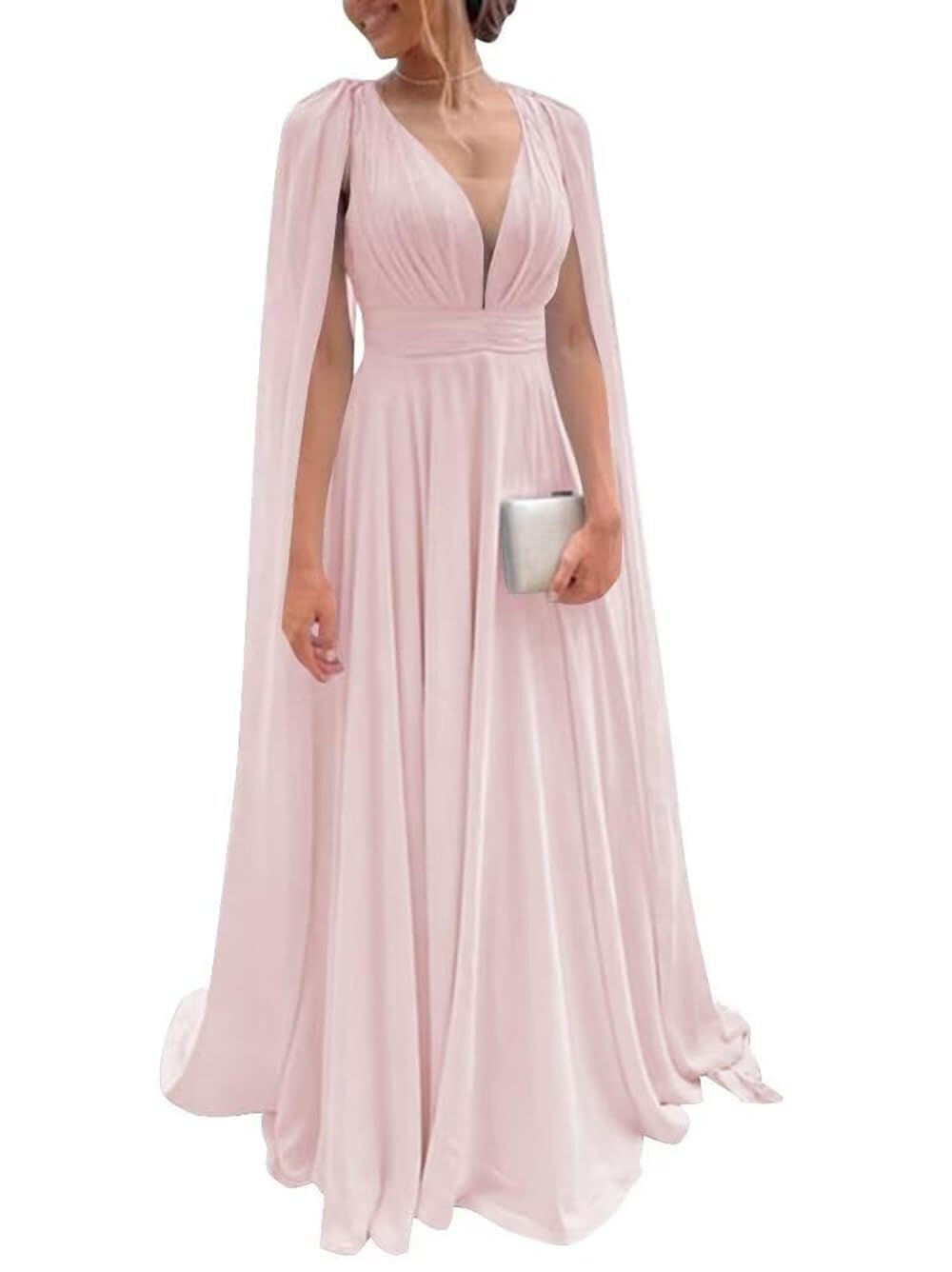 CRIEBDK Chiffon Bridesmaid Dress for Women Cape Sleeve V-Neck Formal Evening Gowns with Pocket LBC020