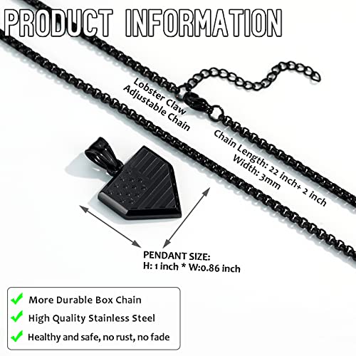 Baseball Home Plate Necklace for Men USA Flag Shield Pendant Stainless Steel Chain 22+2 inch Inspirational Patriotic Jewelry Personalized Baseball Gift for Boys3