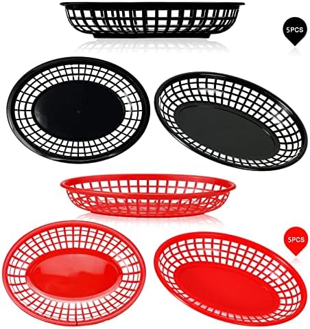 NCOALE Food Baskets, Reusable Plastic Oval Fruit Basket, Fries Baskets for Hotdogs Burgers Sweets Fruit Party Picnic Barbecue 2Colors 10PCS