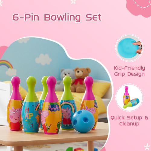 Image of Amazon Brand Jam & Honey Peppa Bowling Set for Kids, BIS Safe for Kids, Indoor Outdoor Bowling Game with 6 Colorful Pins and Ball, Skill Building Toy for Kids Age 3+ Years