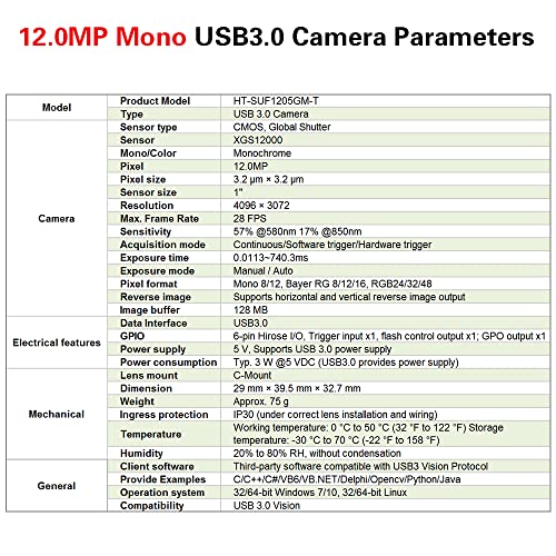 Image of USB3.0 12.0MP Machine Vision Industrial Camera Global Shutter Monochrome | HT-SUF1205GM-T Area Scan Sensor 1 inch C-Mouth Supports Windows and Linux SDK 4096x3072 28fps