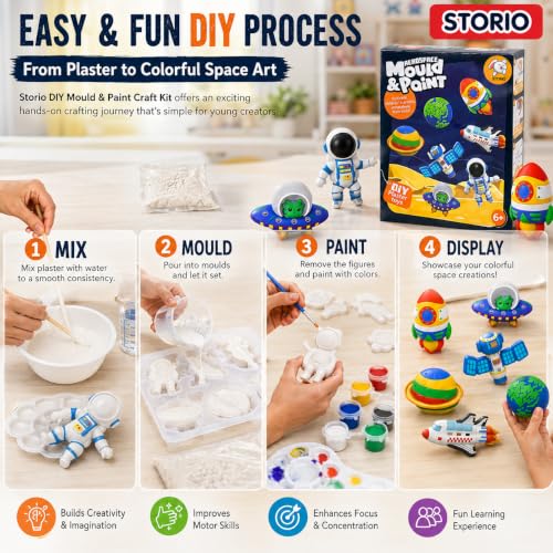 Image of Storio Toys DIY Mould & Paint Craft Kit - Astronauts Space Kids DIY Craft for 5 Years Plaster Figurine Set with Pigments Palette & Mold Painting Art & Craft Set -Gift Toys for 3 to 8 ysMulticolour