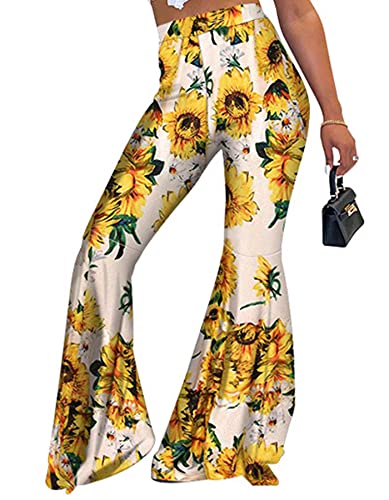 GUOLEZEEV Women High Waisted Flare Pants Print Pleated Bell Bottoms Palazzo Pant White S