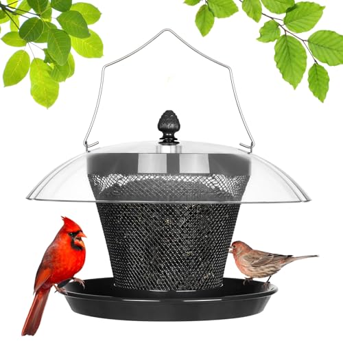 Veehoo Bird Feeders for Outdoors Hanging-Cardinal Bird Feeder with Weatherproof Dome, Wild Meta Finch Feeder for Outside 2.5 lbs Sunflower Seed Capacity, Black