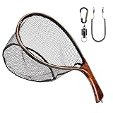 SF Fly Fishing Landing Net with Magnetic Release Curved Handle Wooden Frame Black Rubber Mesh Net Burls Wood Grain for Streams, Small Rivers, Hikers