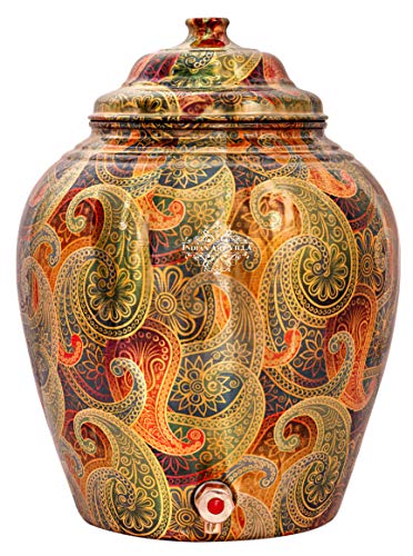 Image of Indian Art Villa Printed Paisley Design Copper Water Dispenser Pot Matka, Stoarage, Home Garden, 6 LTR