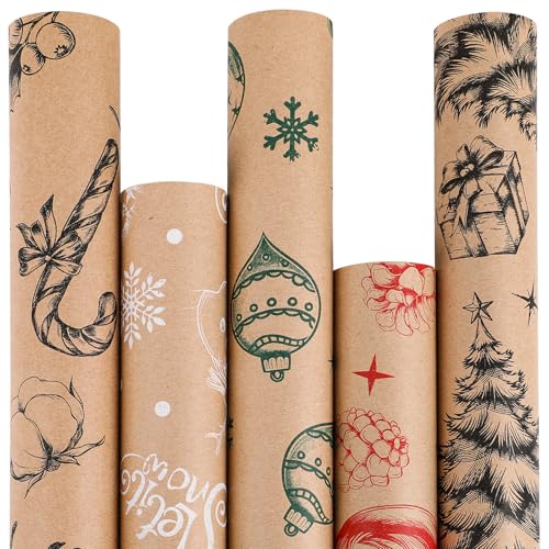KIMOBER 5 rollos de papel de regalo de Navidad, papel kraft marrón con elementos de Navidad retro y líneas de corte en el reverso (17 x 118 pulgadas por rollo, estilo retro)