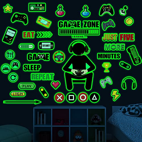 Gamer Room Decor Glow in the Dark Gaming Wall Decals Game Wall Decals for Boys Room Video Game Controller Wall Stickers Game Zone Eat Sleep Game Wall Decals for Kids Girls Teens Bedroom Playroom Decor