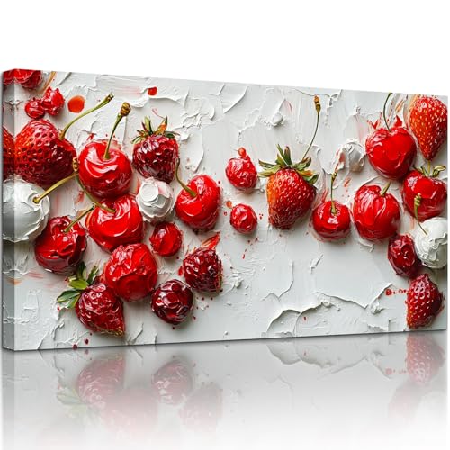 crmotu Fruit Large Wall Art, Still Life Kitchen Art Prints, Cream Cherry Strawberry Canvas Pictures, Cottagecore Oil Paintings Wall Decor Living Room Dining Room Rustic Farmhouse 20x40 Inch