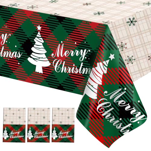 Image of Christmas Tablecloth, 3 PCS Christmas Tablecloth Disposable for Rectangle Table, 54 inch x 108 inch Plastic Snowflake Xmas Tree Decorative Table Cloth Tables Cover for Xmas Holiday Party Decorations Supplies