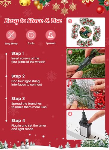 Image of Minetom 48-inch Large Christmas Wreath with Timer and Memory Function, Featuring 200 Warm White LED Lights, Christmas Balls, Pine Needles, for Doors, Walls and Mantels, Plug-in, Red&White