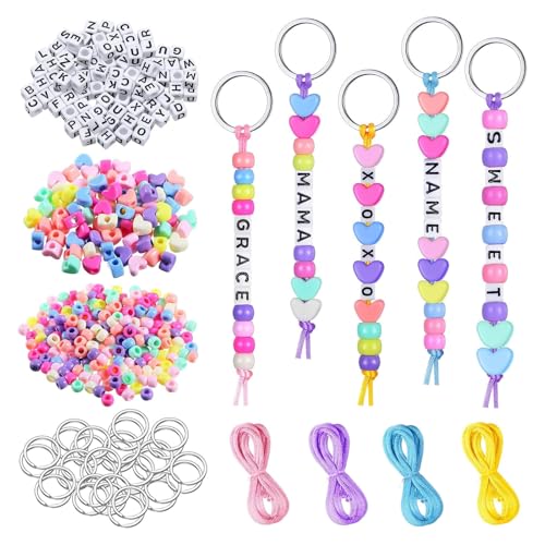RUISPEED 566-teiliges Perlen-Set für Schlüsselanhänger, Bastelset Kinder ab 6 Jahren, Bunte Alphabet-Perlen zum Selbermachen, Geschenk für Mädchen, DIY Schmuck für Taschen & Rucksack (Herz,