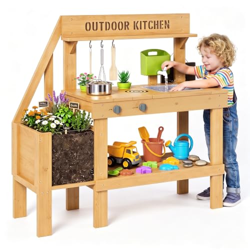Image of PETKABOO Wooden Mud Kitchen for Kids Outdoor, Water Play Kitchen Set
