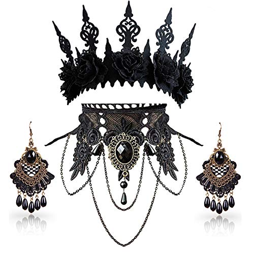 FUNOJOYHalloween Costumes Accessories Set for Women - Punk Snake Collar Necklace Bracelet,Vampire Crown Headband and Earrings Gothic Lace Choker Jewelry Halloween Cosplay Party Supplies
