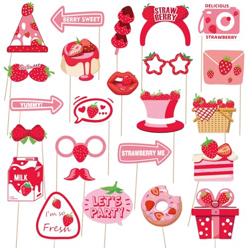 SKIRUP Strawberry Photo Booth Props, 24 Pieces with Sticks, Berry Sweet Theme Selfie Props, Summer Fruit Birthday Party Supplies, Photography Backdrop Decorations