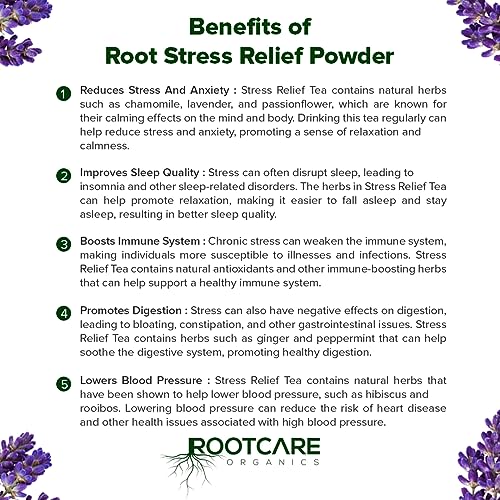Image of Rootcare Organics Stress Relief Herbal Tea loose leaves | Ashwagandha, Brahmi & 21 Ayurvedic Herbs leaf | Natural Relaxation & Sleep Support | Reduces Anxiety | 100% Organic | Pack Of 1 Month | 100g