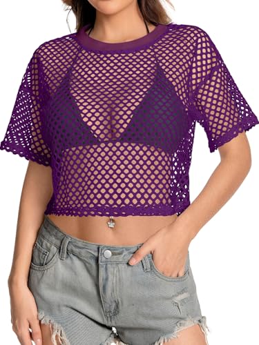 Image of Women's Mesh Top Fishnet T Shirts Sheer Loose Short Sleeve See Through Crop Tops