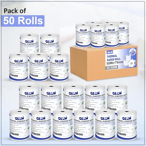 Image of GLUN POS Receipt Thermal Paper Rolls, Pack of 50 Rolls 79mm(3 inch) x 50 Meter Size, Smudge & Jam-Free Thermal Rolls for Cash Billings