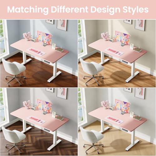 Image of Veken 55 Inch Large Electric Standing Desk, 4 Memory Heights Adjustable,Sit to Stand Up, Work Home Office Computer Table for Study, Walking Pad, Writing, and Games, Wooden Desktop Desks, Pink