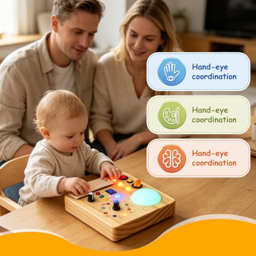 Image of Montessori Busy Board for Toddlers 1-3 Years Old, Wooden Sensory Board with LED Lights, Interactive Activity Toy with Switches, Travel Toy Gift for Boys Girls