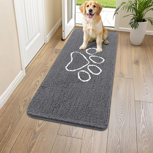 Image of Smiry Dog Door Mat for Muddy Paws, Absorbent Dirt Trapper Non Slip Quick Dry Washable Chenille Mat for Mud Dogs, Entry Rug for Indoor and Outdoor (47x24 Inches, Dark Grey and White)