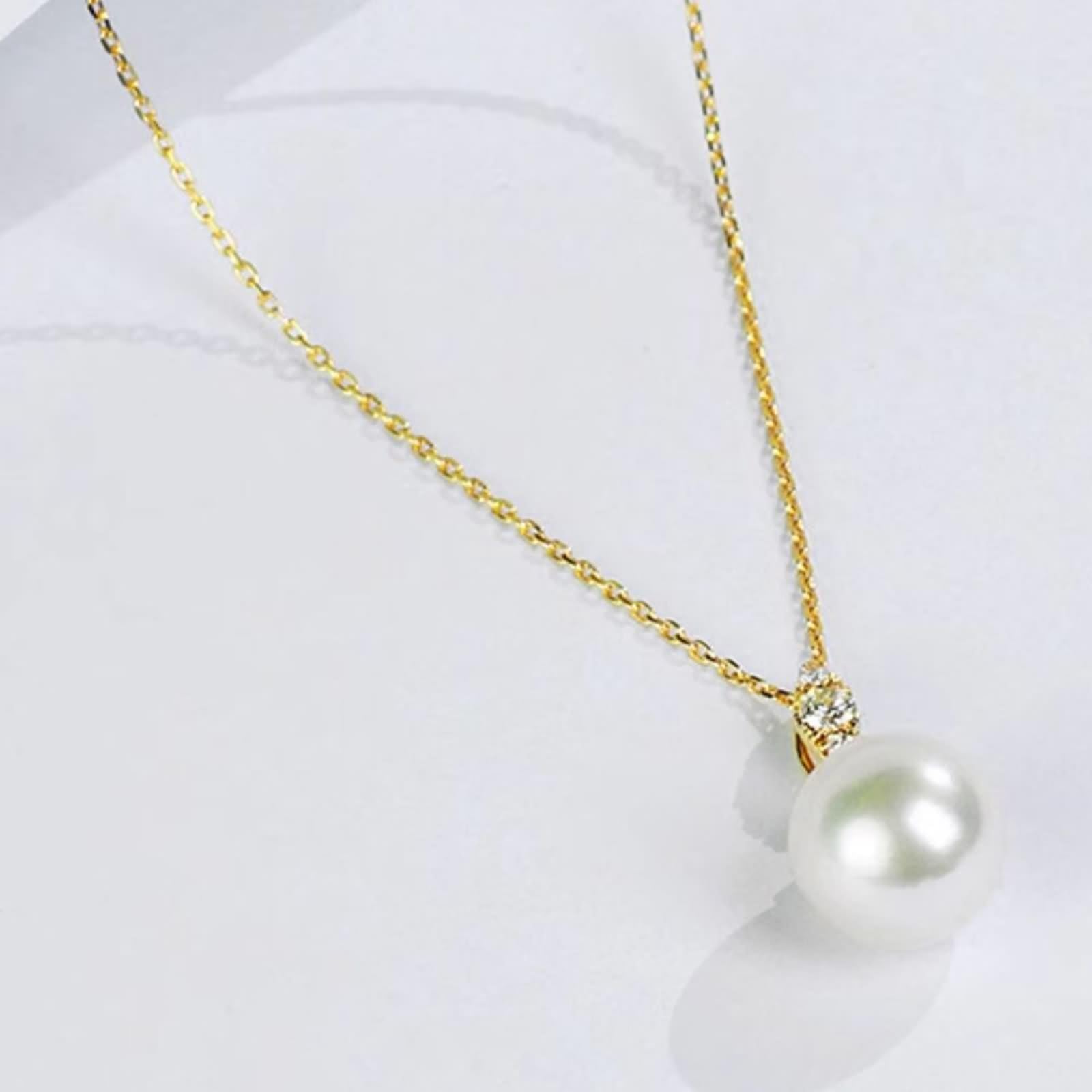 Naszyjnik damski, długi, damski łańcuszek na szyję, 8,5 mm, perła ze szlifem okrągłym 0,06 ct, diament 9K żółte złoto 45 cm
