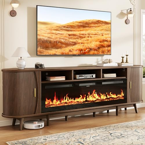 OneBlis 97 Fireplace TV Stand for 100 TV Mid Century Modern Entertainment Center with 60 Electric Fireplace Media Console with Sliding Doors & Adjustable Shelves for Living Room Walnut